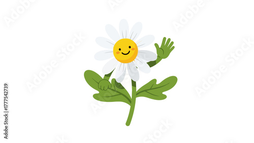 A cartoon daisy character with a smiling face and waving hand