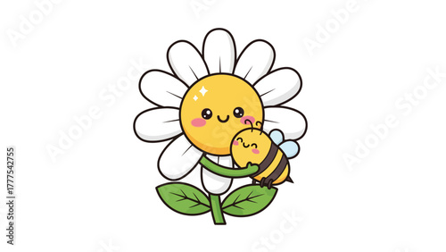 A cartoon daisy hugs a cartoon bee
