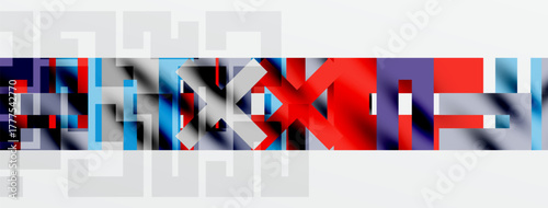 Abstract geometric composition. Blocks, shapes, colors create dynamic visual texture. Red, blue, white dominate design.