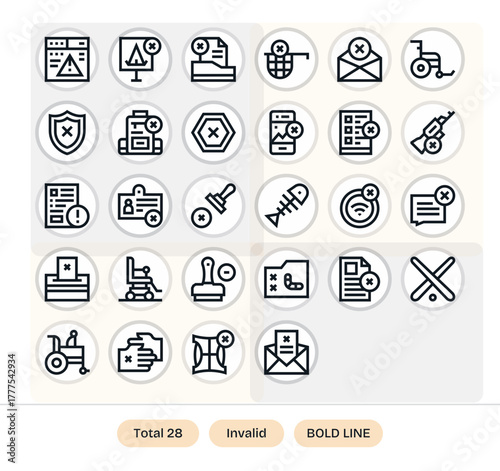 28 Bold Line Grid Fitted Vector Icons tailored for Invalid High Resolution interface