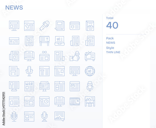 News Visual Pack containing 40 Thin Line Pixel Aligned Vector Icons