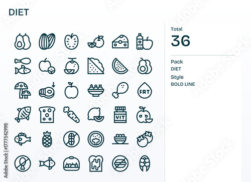 Diet Digital Vector Pack containing 36 Pixel Optimized Bold Line 64x64 Icons
