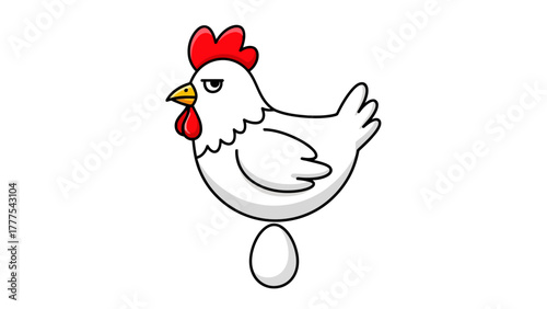 A cartoon hen sits above an egg