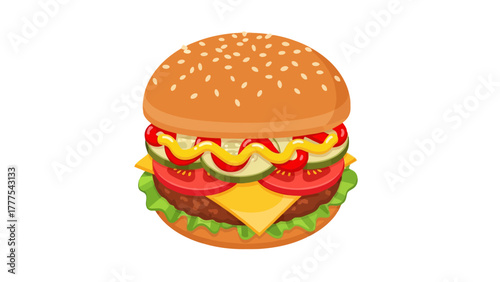 A cartoon hamburger with sesame seed bun and colorful toppings