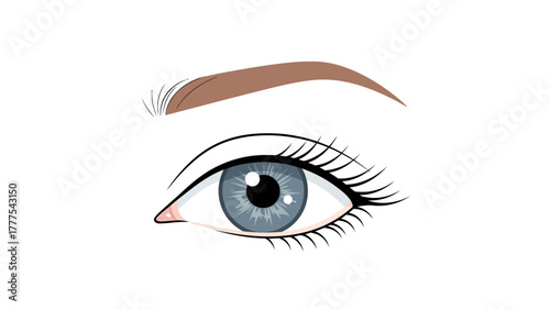 A cartoon illustration of a blue eye with eyelashes and eyebrow