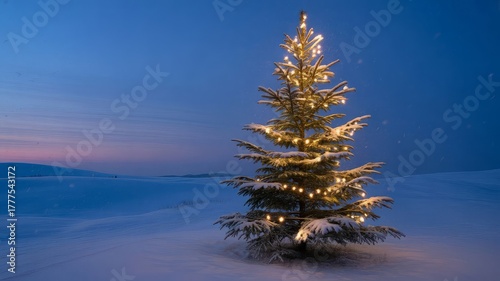 Christmas tree and snow-covered landscape
