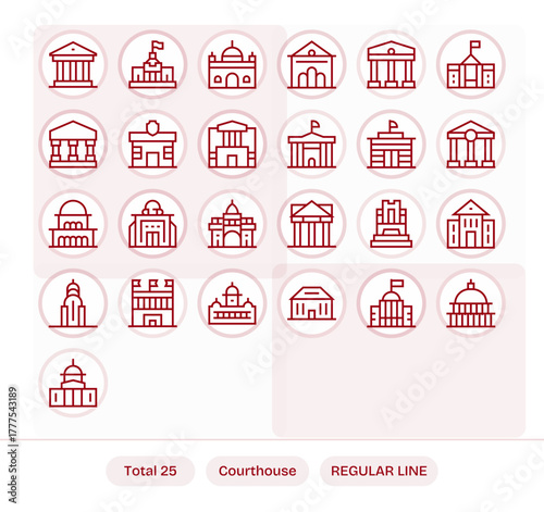 25 PIXEL Perfect Vector Icons themed around Courthouse in Retina Ready Regular Line format