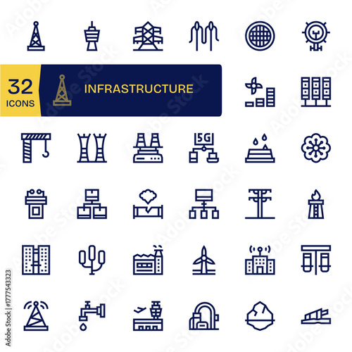 32 64x64 Bold Line Pixel Aligned Vector Icons for Infrastructure Projects
