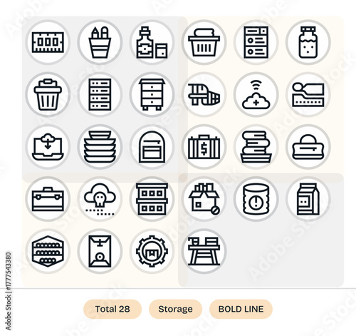 28 128x128 Vector Icons for Storage in Pixel Optimized Bold Line Format