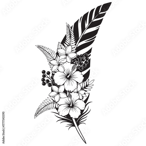 Boho Feather and Flower Bouquet – Botanical Vector
