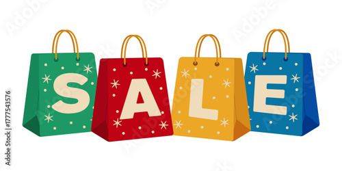 Colorful shopping bags with letters forming the word SALE. Flat vector illustration, perfect for holiday promotions, online stores, posters, banners, and marketing materials. Vector illustration