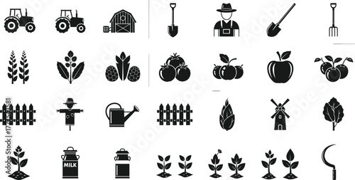 Farming icon set, black silhouette style, agriculture tools and crops, rural life symbols, plant growth stages, farm equipment, food production vector illustration