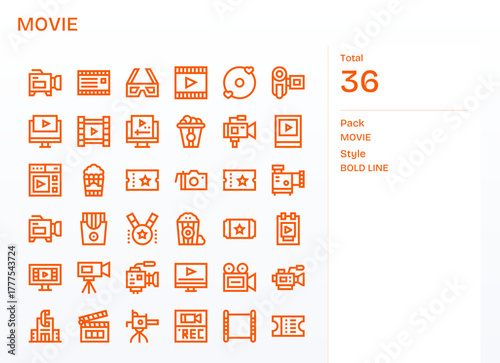 36 128x128 Bold Line Vector Icons for Movie with Grid Fitted precision