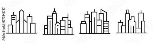 Modern city skyline illustration with minimalist buildings and skyscrapers in black and white line art
