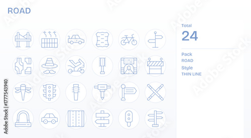 Road Vector Graphics Pack including 24 Thin Line 256x256 Detail Enhanced Icons