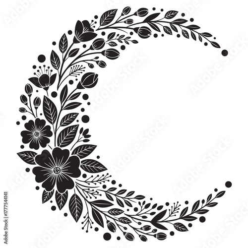 Floral Crescent Moon Wreath – Botanical Decorative Vector