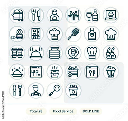 Food Service Vector Graphics Pack including 28 Bold Line High Resolution Pixel Optimized Icons
