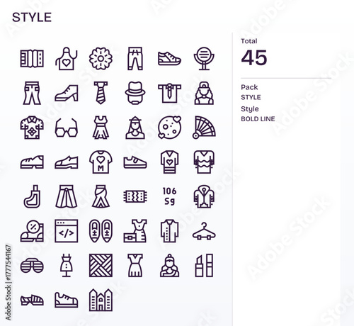 Style Vector Graphics Pack including 45 Bold Line Retina Ready PIXEL Perfect Icons