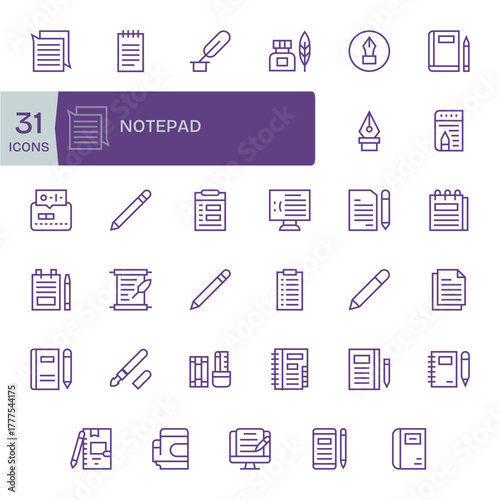 Notepad Vector Icon Collection with 35 Retina Ready Regular Line Designs