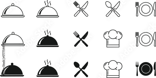 Food icon set, cloche chef hat fork knife plate, black and white vector, restaurant symbols, dining elements, kitchen graphic illustration pack