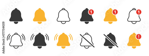 Notification bell icon set. Incoming inbox message. Ringing bell, reminder or subscriber sign for apps, smartphone, alarm alert. JPG image