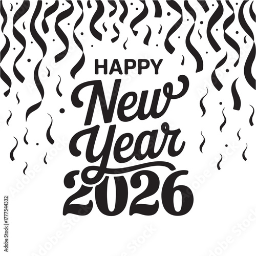 Happy New Year 2026 with Hanging Streamers – Monochrome Vector
