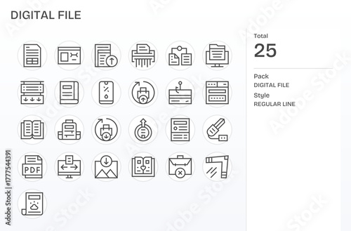 25 Regular Line Vector Icons for Digital File in crisp 64x64 Detail Enhanced resolution