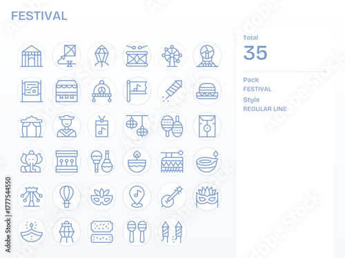 Festival Professional Vector Set with 35 Regular Line PIXEL Perfect 256x256 Icons