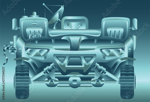 Conceptual military armored vehicle, metallic steel gradient. SUV front view. Blue silver engineering battle war car in frontal perspective. Vecor illustration