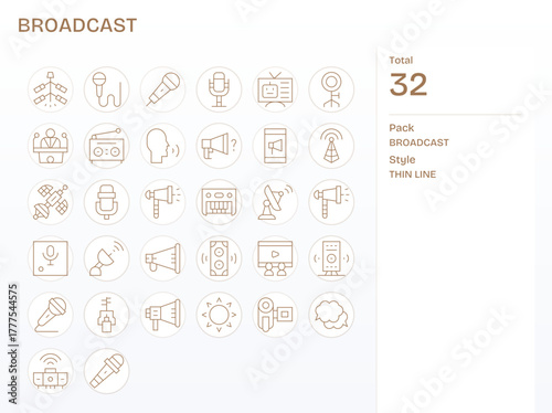 Broadcast Comprehensive Vector Bundle with 32 Display Perfect Thin Line Retina Ready Icons