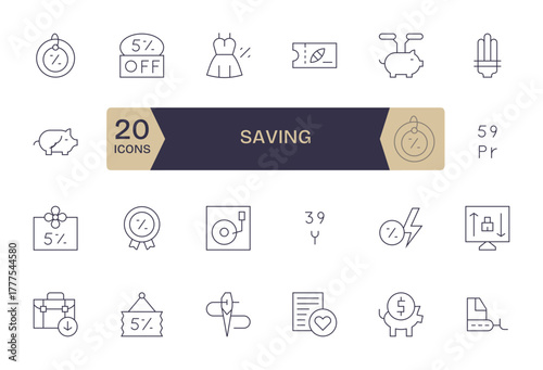24 Retina Ready Detail Enhanced Vector Icons for Saving in Thin Line Theme
