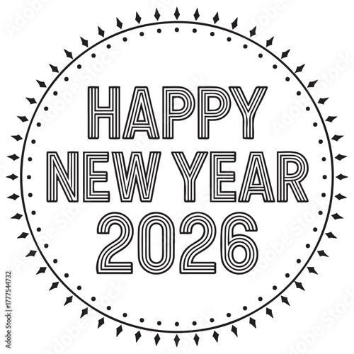 Happy New Year 2026 Round Badge with Dotted Border – Vector sticker