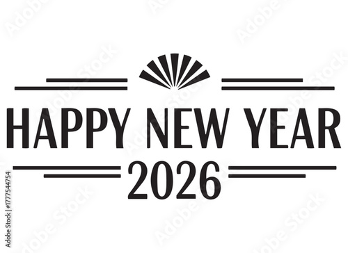 Happy New Year 2026 Art Deco Line Badge – Monochrome Vector 2026