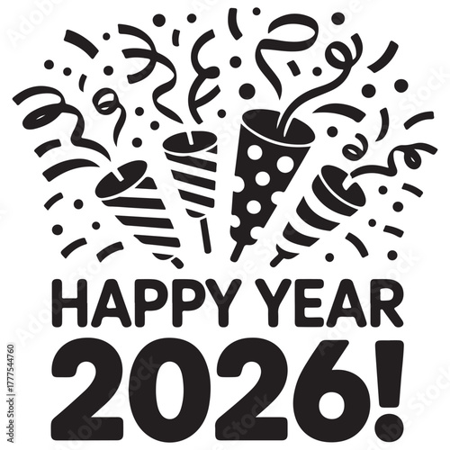 Happy New Year 2026 with Confetti and Party Poppers – Vector illustration 