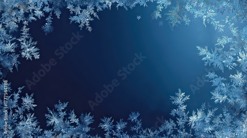 Elegant Winter Holiday Background with Sparkly Blue Snowflake Border Frame on Dark Blue Backdrop Christmas Season Decorative Composition