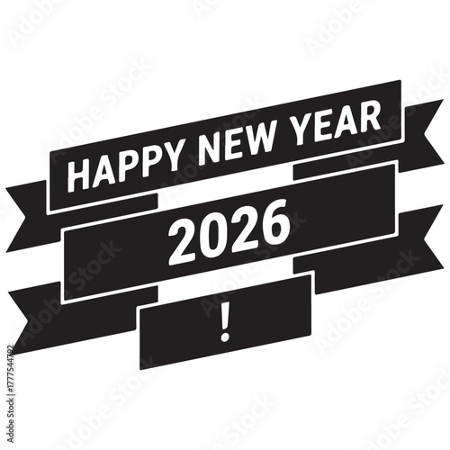 Happy New Year 2026 Ribbon Banner – Bold Monochrome Vector