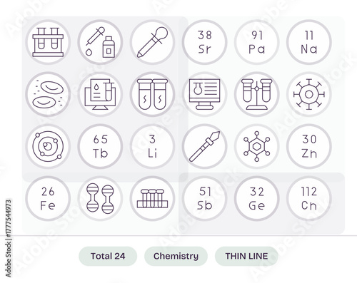 Chemistry Premium Vector Bundle with 24 128x128 Detail Enhanced Thin Line Icons