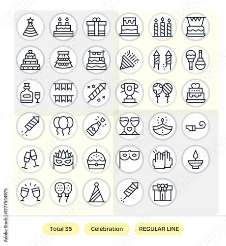 35 Regular Line Grid Fitted High Resolution Vector Icons from Celebration Icon Suite