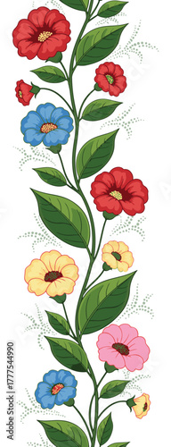 Beautiful summer floral seamless pattern with red and pink roses, poppies, and green leaves perfect for a decorative card or textile design