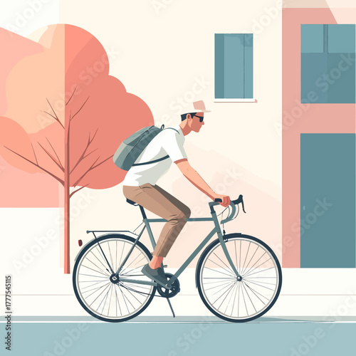 Stylish Cyclist in White Shirt and Khaki Pants Riding Bicycle Outdoors.