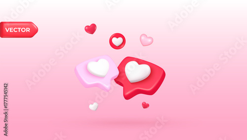 3d hearts speech bubbles. Two heart love chat bubble, social media talk message emoji valentine day concept romantic comment notification red pink icons render vector illustration