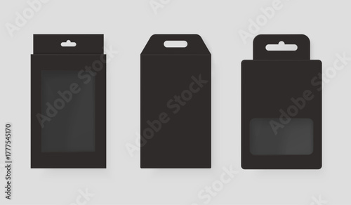 Black hanging packaging. Realistic paper box with hang tab, package mockup for product display plastic window transparent hole pvc bag accessory blank container vector illustration