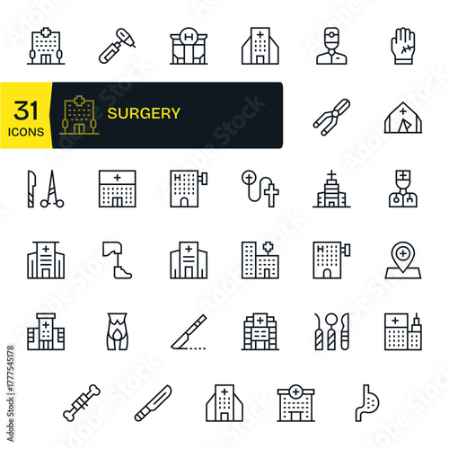 Surgery Vector Icon Collection featuring 35 Grid Fitted 64x64 Regular Line Designs