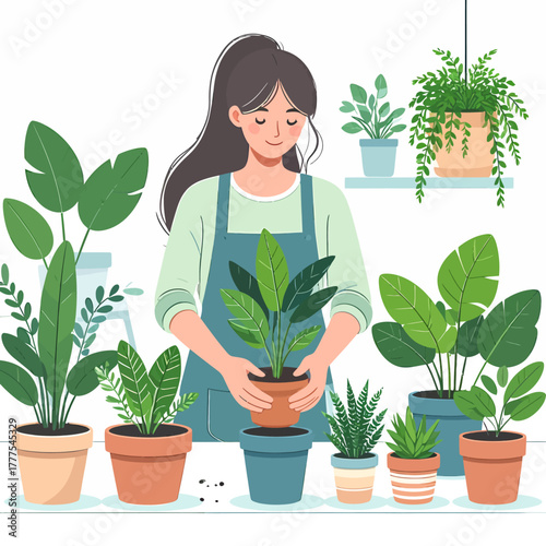 Woman tending to a vibrant collection of potted houseplants indoors.