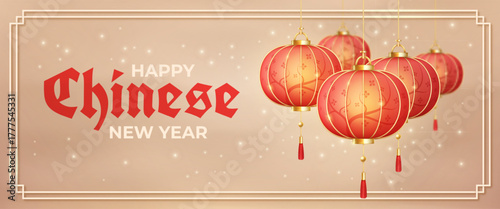 Chinese new year banner. Realistic japanese red lanterns with gold on craft paper beige background, asian lunar calendar holiday celebration festive ad poster vector illustration