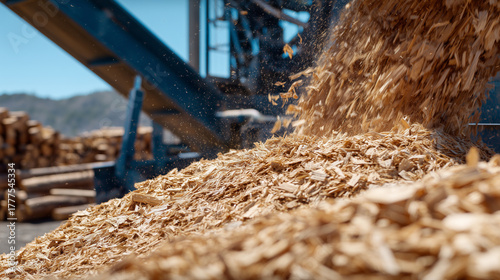 Wallpaper Mural Action shot of wood processing factory, wood chips pouring from mechanical device into storage bin, high-detail texture and dynamic motion captured in mid-air Torontodigital.ca