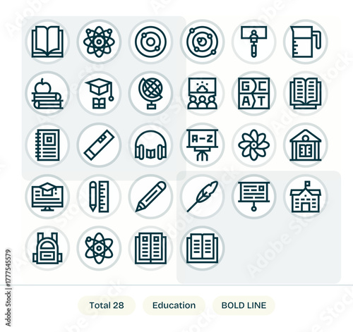 Education Scalable Vector Set featuring 28 Display Perfect Bold Line Retina Ready Icons