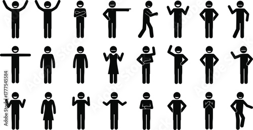 Stick figure icon set, black silhouette people, human gesture symbols, diverse poses and attire, communication vector graphics, minimal character illustration pack