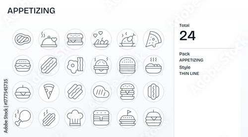 Appetizing Vector Icon Toolkit featuring 24 Pixel Aligned High Resolution Thin Line elements
