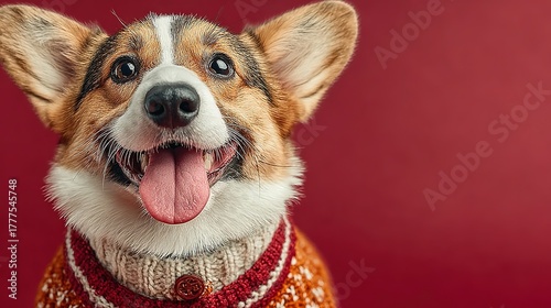 Adorable corgi in playful Santa outfit on solid red background with copy space. High-detail image for creating engaging social media content, blog posts, or heartwarming stories.